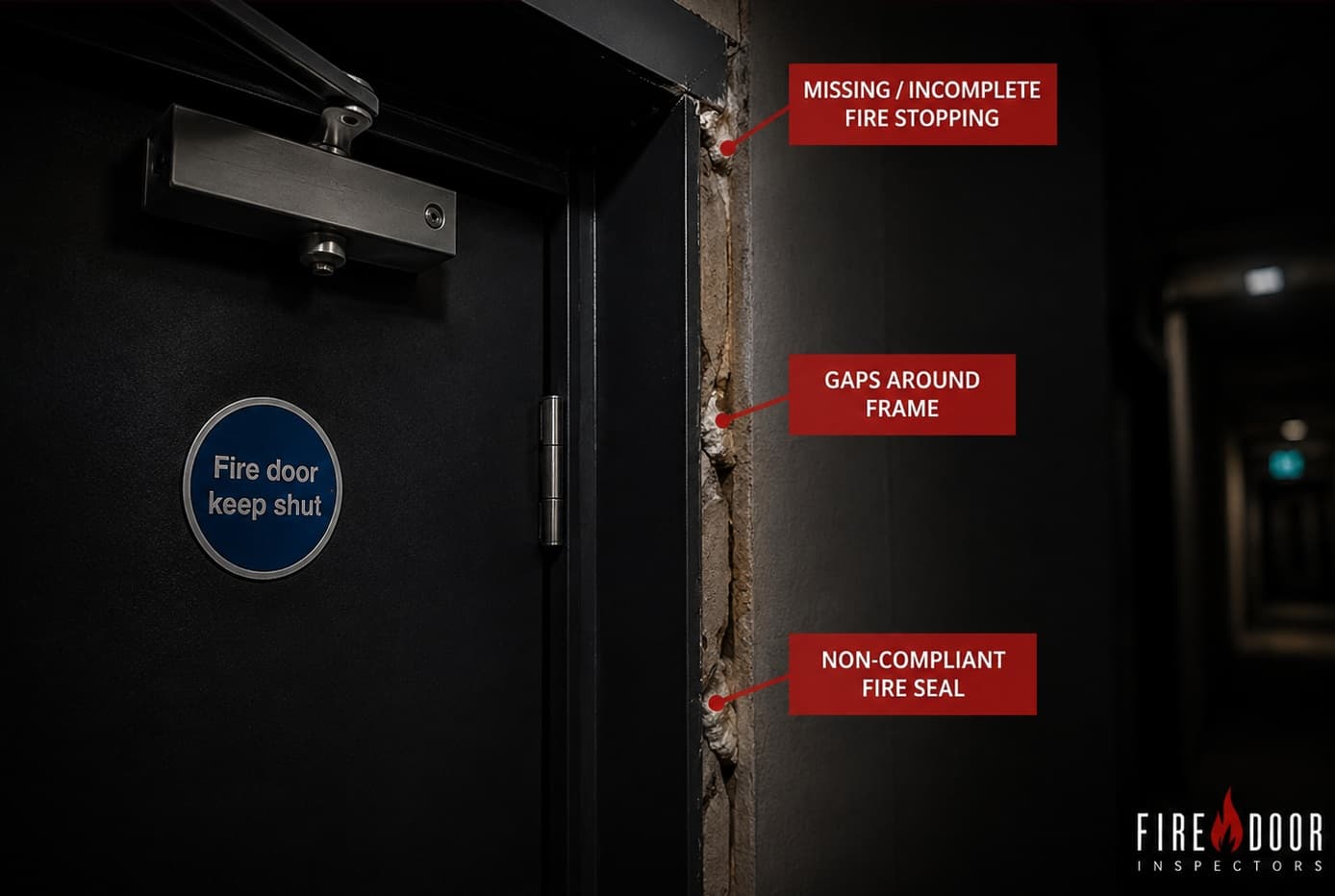Fire stopping defect around a fire door frame recorded during inspection
