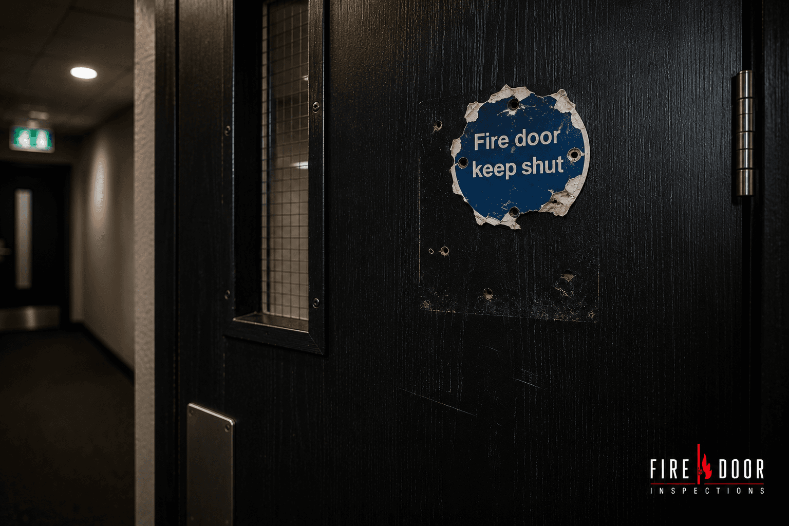 Poor or missing fire door signage in an office building